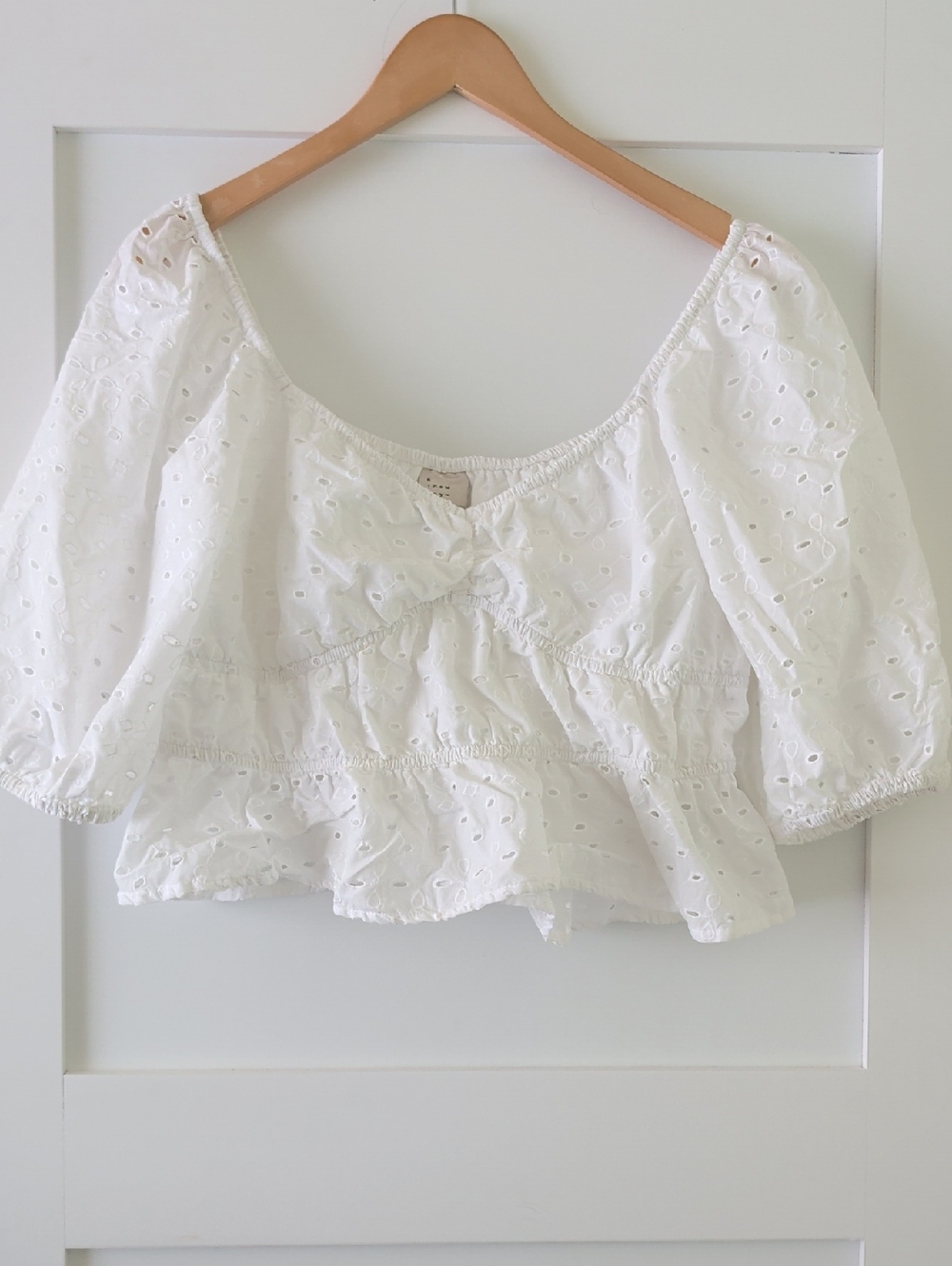 Crisp White Eyelet Puff Sleeve Peplum Crop Top Cottagecore Boho Small